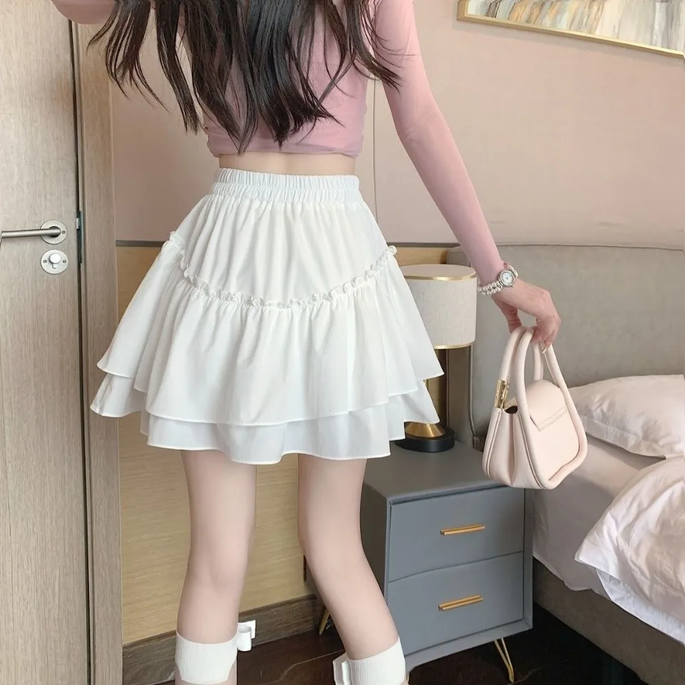 New Ruffle Trim Cake Skirt Solid Color Princess Style A-Line Skirt Slim Fit High Waist Skirt for Women