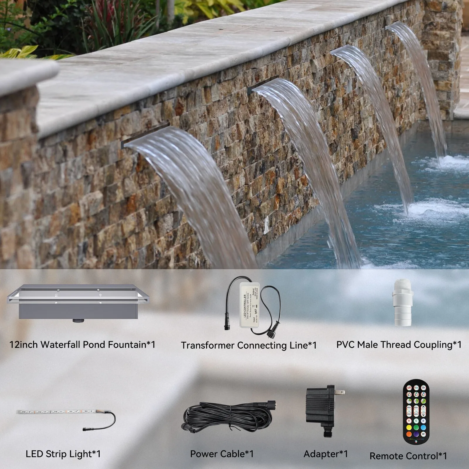 

12" Pool Fountain Acrylic Pool Waterfall with Colors LED Light APP Control United States