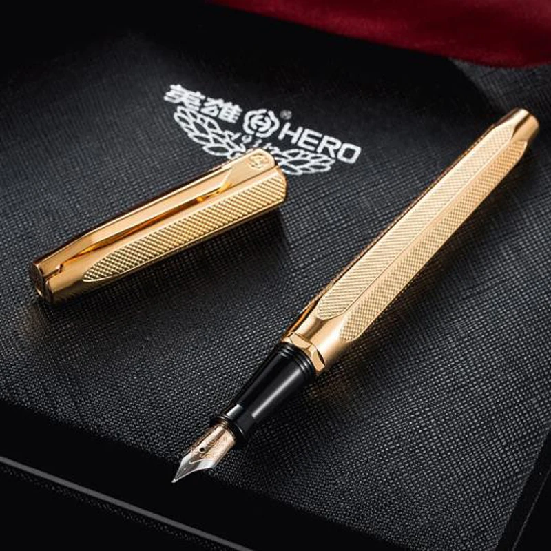 

Hero 2191 Executive Golden Mesh Barrel 14K Gold 0.6mm Nib Fountain Pen Roller Ball Pen Set With Refill Two-Head Gift Pen Set