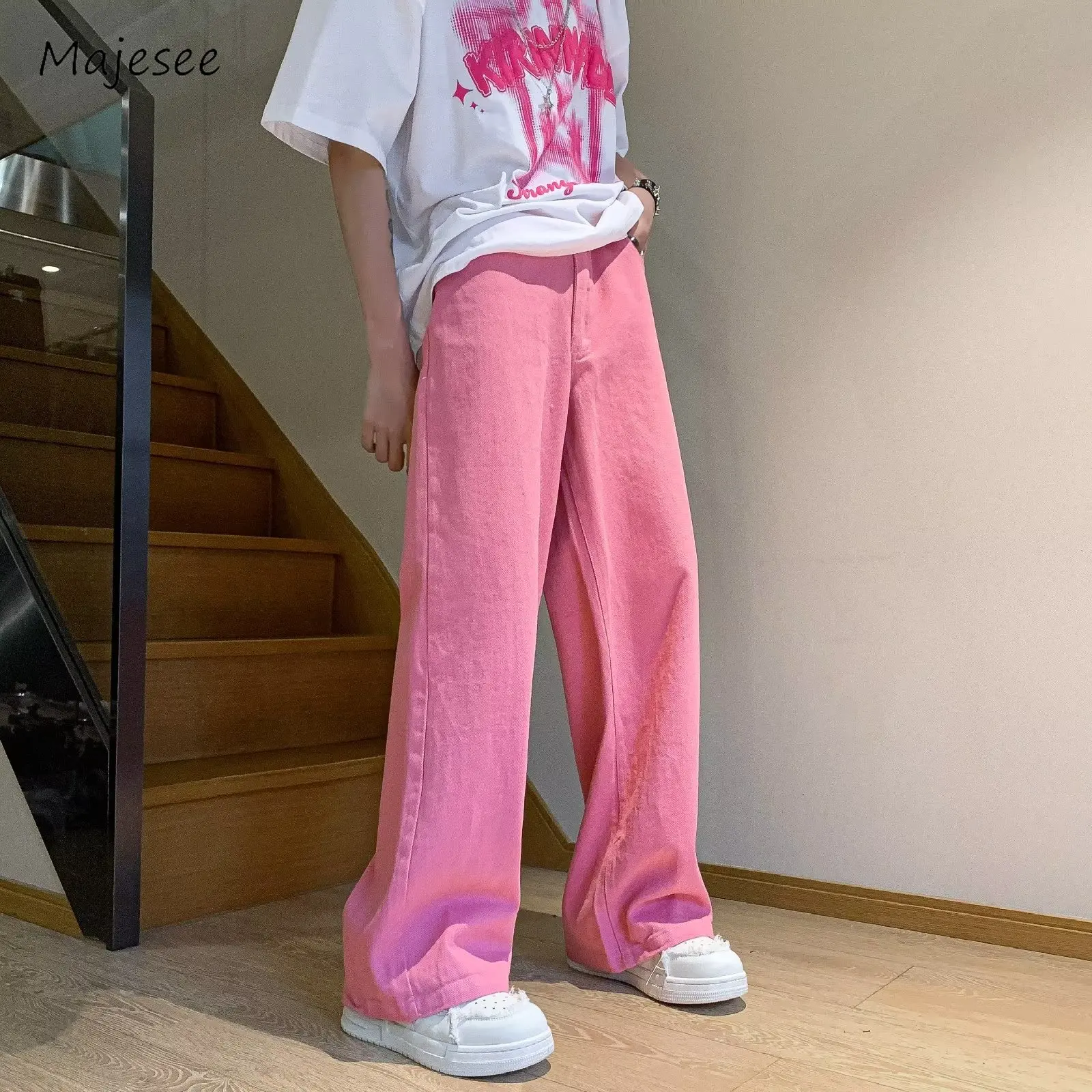 Pink Jeans Men Summer Vintage Simple Solid Color All-match Baggy Wide Leg Trouser Cozy High Street Harajuku Korean Style Clothes