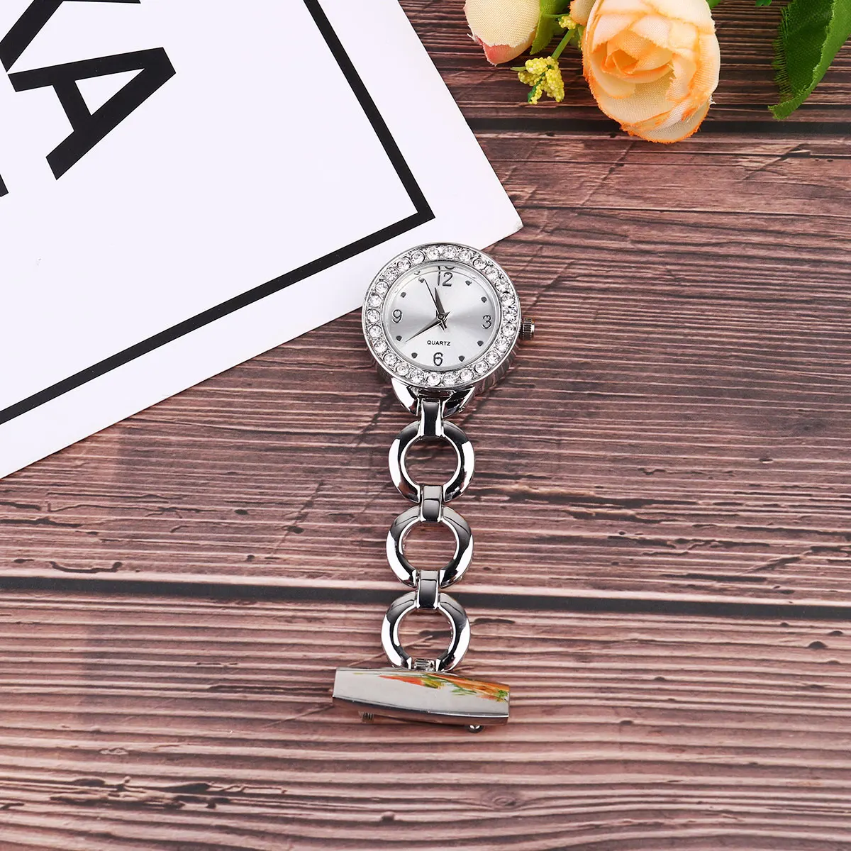 

1pc Chic Rolling Diamond Nurse Pocket Watch Silver Durable Iron Simple Design Easy Read Decoration Clothing Gift Friends
