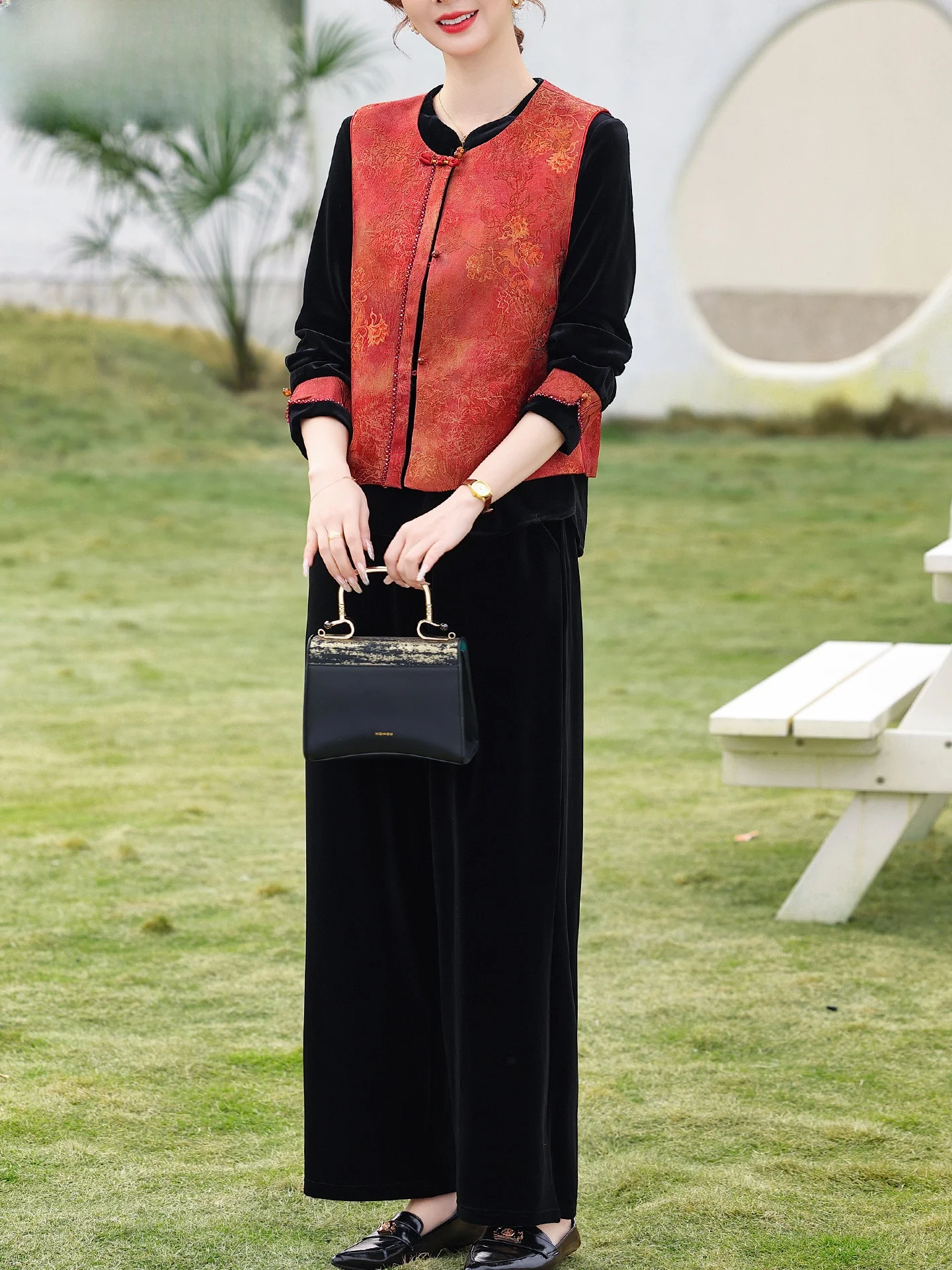 

Ele Velvet Tee-Piece Set for Mom Spring Faion Ladies' Casual Loose Fit Stand Size Windproof Lightweight Zipper Clo...