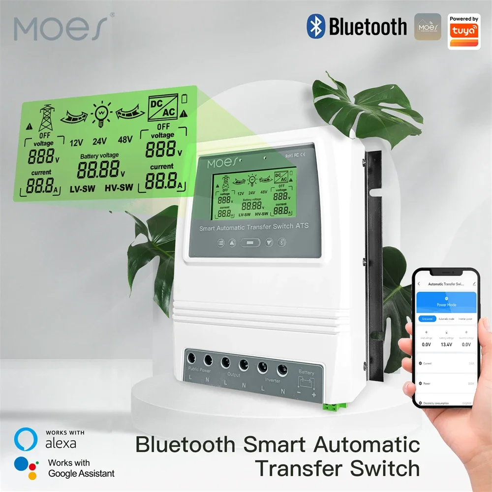 MOES Smart Dual Power Controller 80A 16KW Automatic Transfer Switch for Off Grid Solar Wind System ATS DC 12/24/48V AC 110/220V