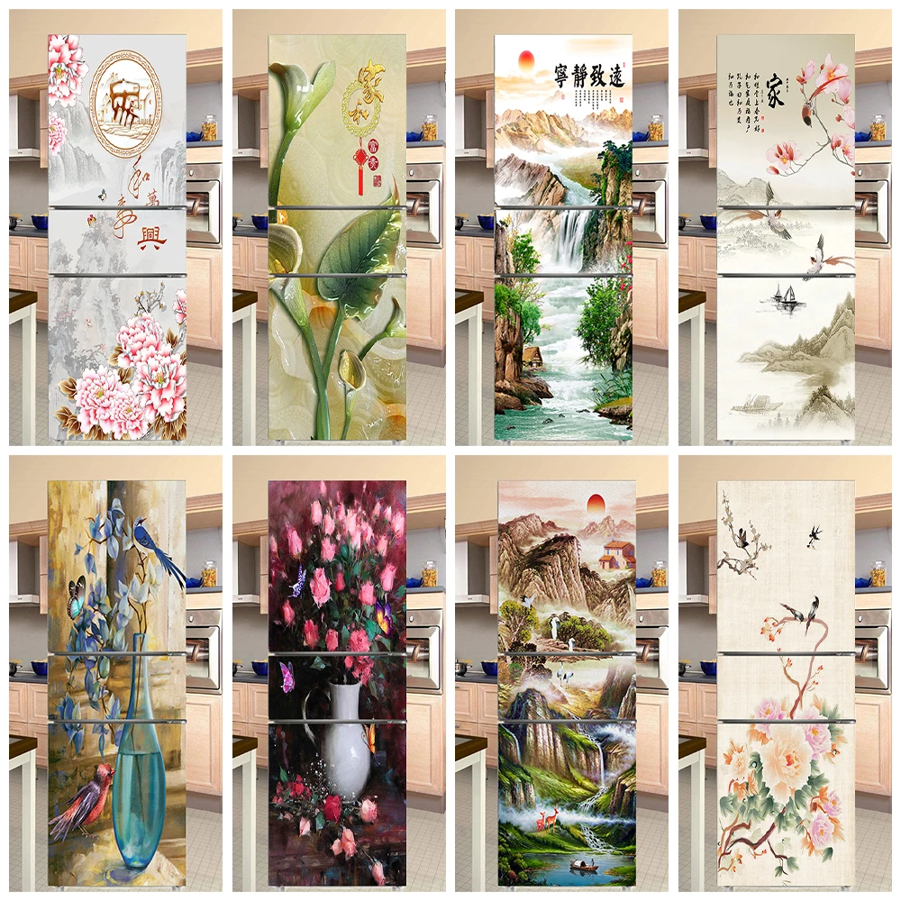 

Chinese Oriental Style Decorative Painting Fridge Door Stickers Wallpaper Kitchen Vinyl Ink Landscape Painting Printed Poster