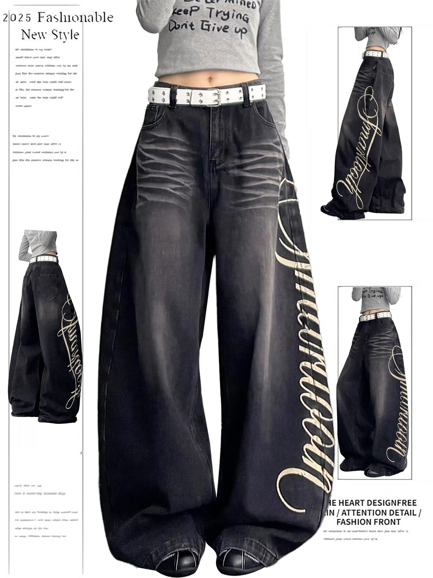 

Y2K Women's Black Washed Denim Wide Leg Jeans 2025 New Fashion Letter Print High Waist Vintage Streetwear Trousers