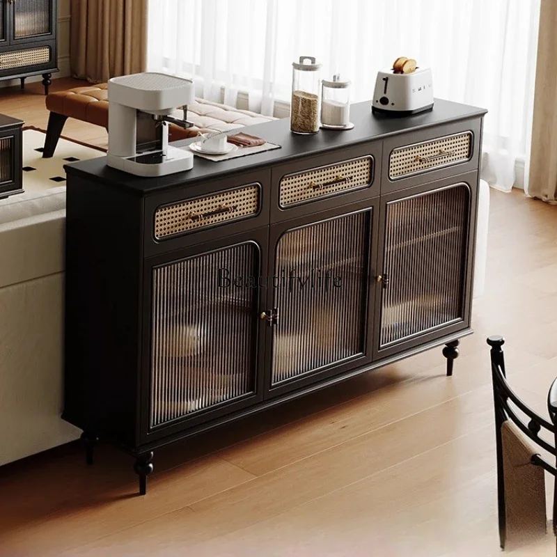 

French retro dining side cabinet integrated against the wall, modern simple black living room locker