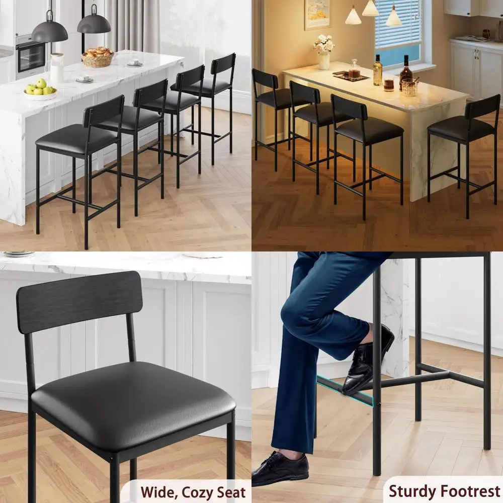 

Set of 4 Kitchen Counter Height Bar Stools with Footrest, 25.5 Upholstered Backrest, Rustic Black Finish