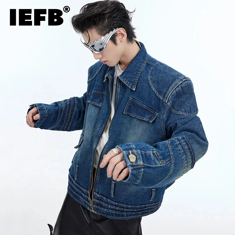 

IEFB Vintage Lapel Male Denim Jackets Gradient Color Patchwork Zipper Loose Washed Men's Short Coats Autumn New Trendy 9C4716