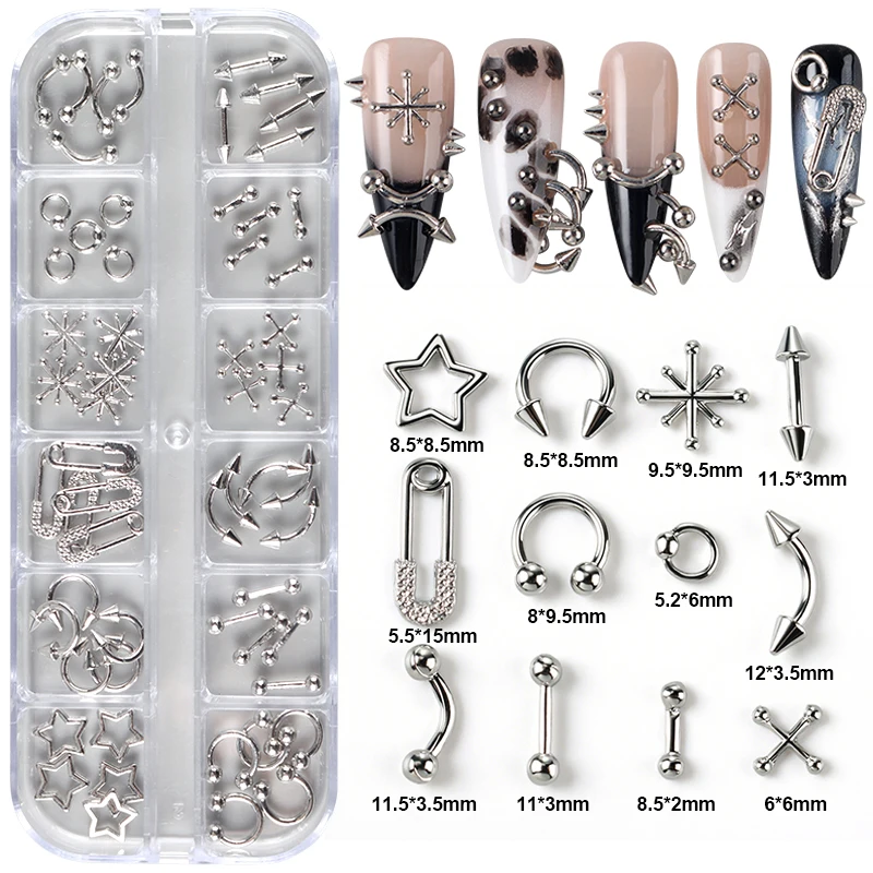 12 Gitter Goth Punk Nagel Charms Ohrstecker Y2K Piercing Designs Metallic Silbrige Nägel Kunst Nieten 3D Sterne Legierung Nail Art Dekorationen