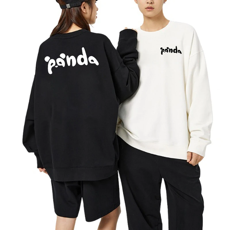 

Spring Cute Panda Print Pullovers Women Unisex Loose Black White Sweatshirt Casual Couple Hoodies