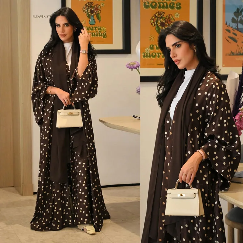 

Mq277 Elegant Long Coat Polka Dot Print Cardigan Long Dress Plus Size Women's Clothing With Scarf Dubai Luxury Islam Elegant