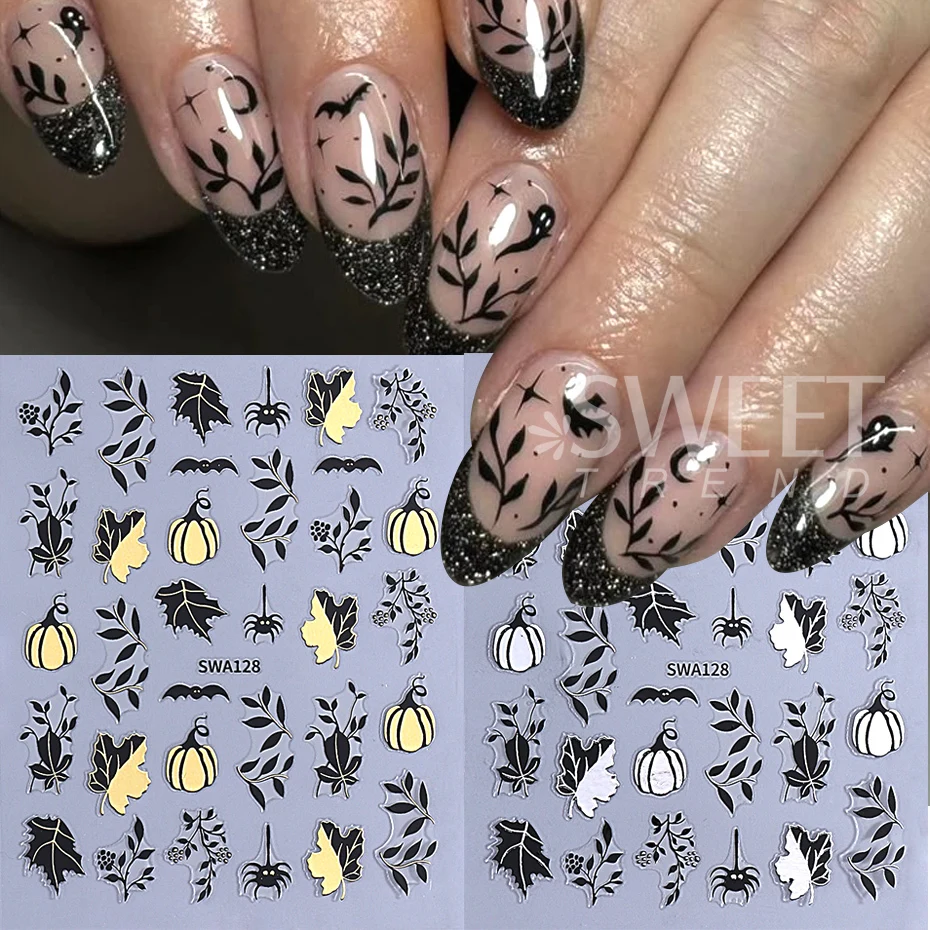 3 szt. Jesienne naklejki na paznokcie, złote dynie, duchy, pająki, 3D, samoprzylepne slidery do manicure na Halloween i Święto Dziękczynienia