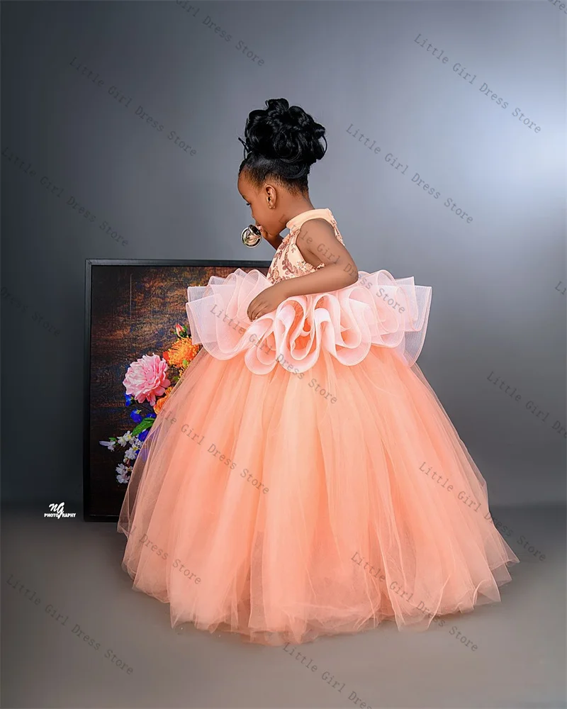 

Princess Flower Girl Dress Luxury Stone Crystals Tiered Tulle Wedding Gown Kids Birthday Party Pageant Ball Gown Customized