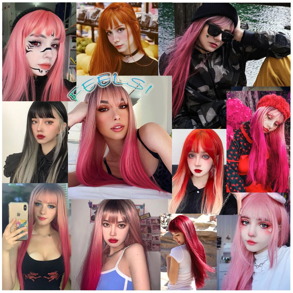 FEELSI Rambut Sintetis Wig Lurus Panjang dengan Poni Wig Natal Merah Muda Pucat Oranye Coklat Hitam 26 Inci Cosplay Halloween untuk Wanita