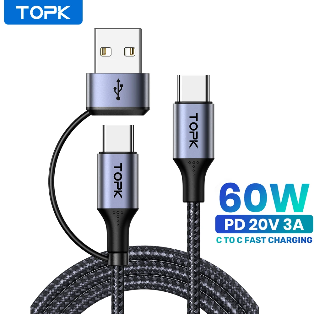 TOPK 60W PD 고속 충전기 케이블, USB C to USB C 타입 케이블, 맥북 프로 USB C PD 케이블, 삼성에 적합한 샤오미 고속 충전