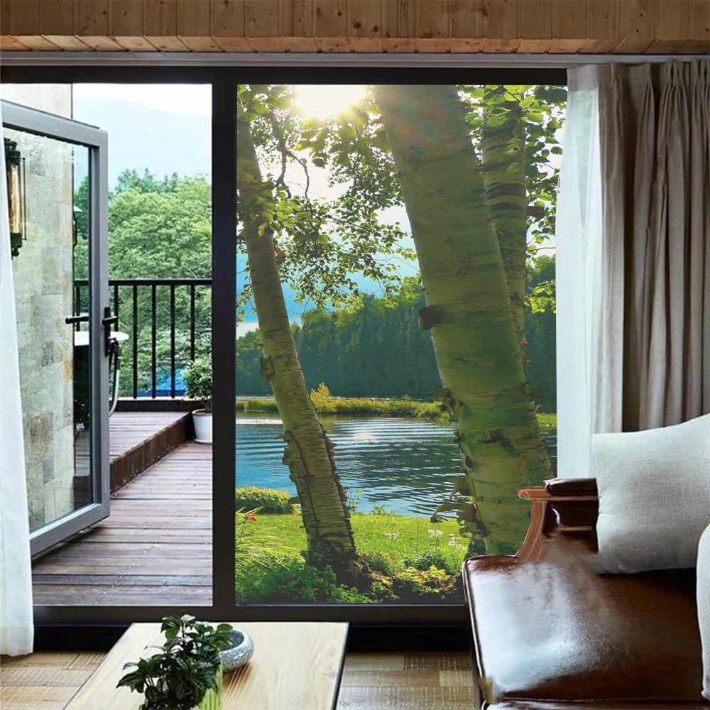 Non-glue Static Cling Privacy Window Frosted Film Natural Lake View Pattern Sun Blocking Glass Door Window Decorative Film