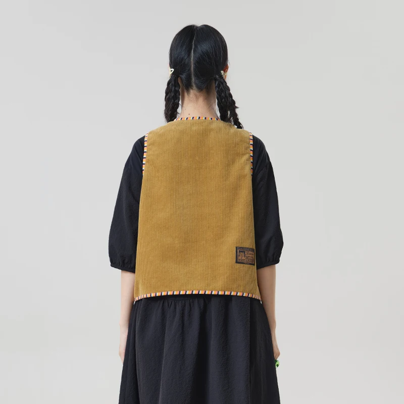 MOVEUP Women's Corduroy Vest 2026 Autumn Colorful Striped Trim Patch Pockets Sleeveless Waistcoat Casual Outerwear 3ELQ21001