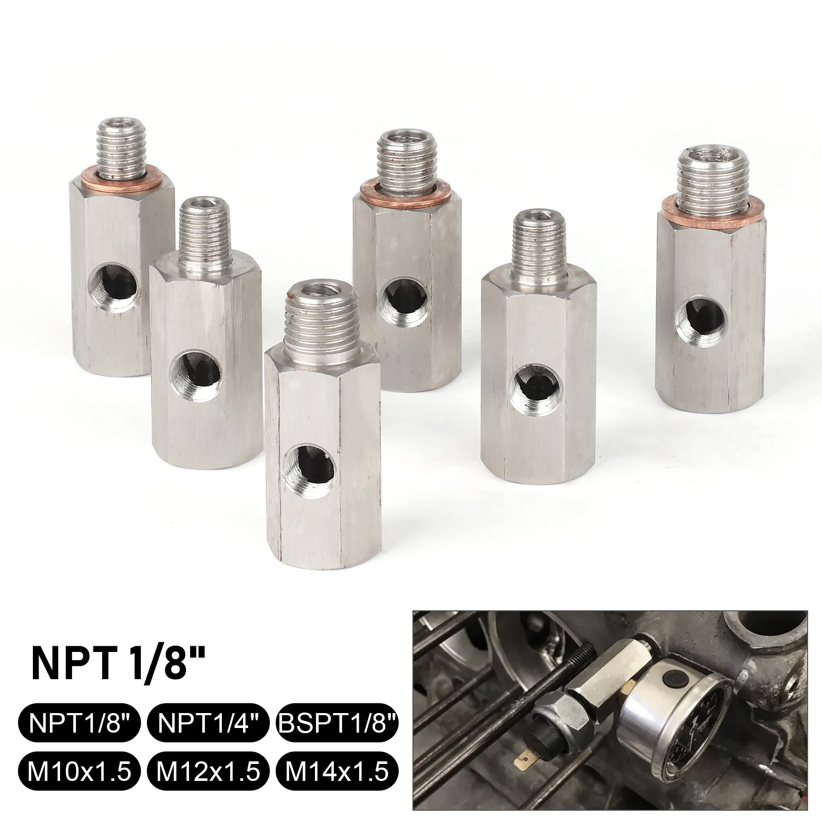 

Боковые отверстия, разъем датчика давления масла 1/8 NPT, Женский к 1/4NPT 1/8NPT 1/8BSPT M10 M12 M14 * 1,5, манометр, тройник, адаптер