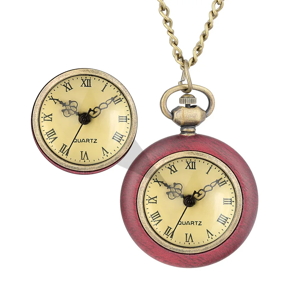Quartz Pocket Watch Vintage Style Roman Numerals Dial Yellowish Background Precise Movement Long Strong Chain Pendant
