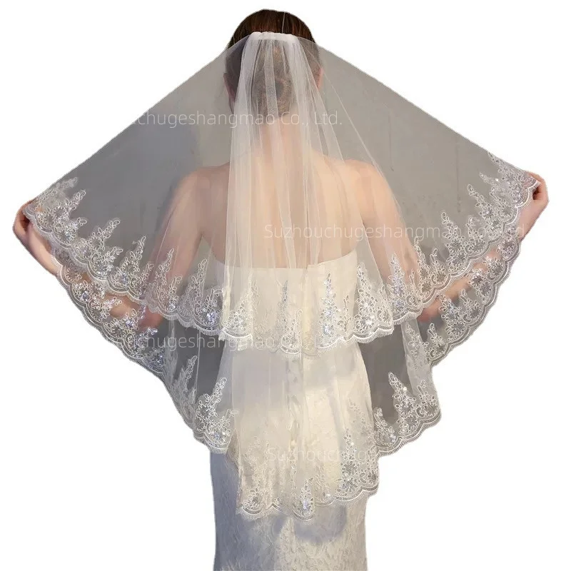 

2025 Hot Wedding Veil Double-Layer Veil With Sequins Bridal Veil Romantic Style Delicate Lace Bridal Veil With Comb