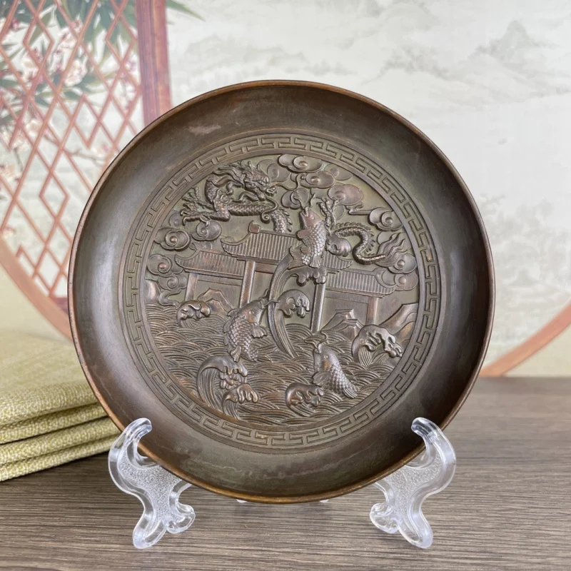 Antique Offering , Dragon and Phoenix , Desktop Wealth-Attracting Ornament, Craft Item, Metal Plate, Dish