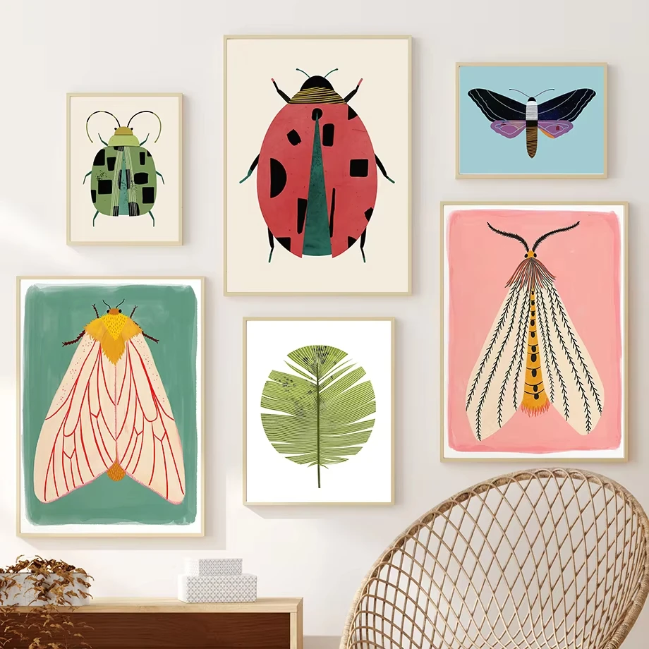 (1pc frameless)Butterfly Wall Art Ladybug Tiger Moth Beetle Feather Canvas Painting Nordic Poster Printing Wall Pictures Livi
