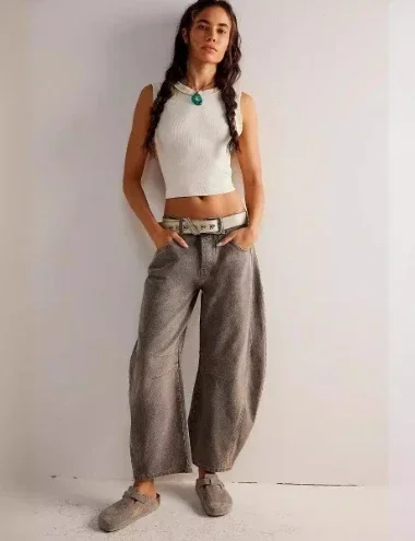 Casual Women's Jeans Gradient Color Wide Leg Jeans with Pockets Hip Hop Retro Mid Waist Ankle Tube Shaped Loose Denim Trousers