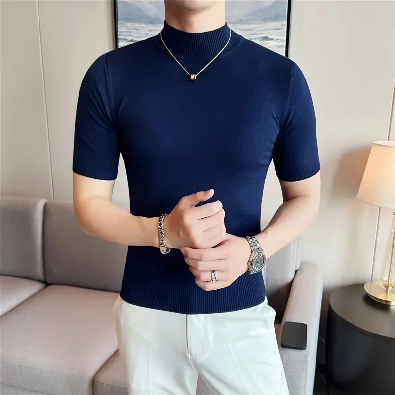 Autumn Men\'s Half Turtleneck  knitted T Shirts Korean version Slim Fit Solid Pullovers Elastic Casual Thin Sweater Men Clothing