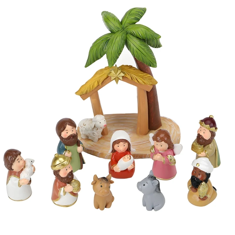 92MF Cartoon Christmas Nativity Scene Figurines Resin Statues Set for Holiday Decors