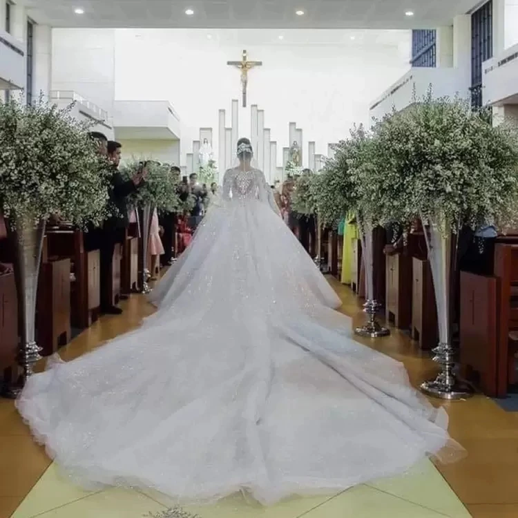 เจ้าหญิงชุดราตรีงานแต่งเดรสวินเทจแขนยาวลูกปัดชุดเจ้าสาว Vestidos De Novia Robe De Mariage 2023