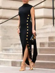 UOOZEE Women Casual Fashion Buttoned Split-Side Shawl Collar Dresses Summer Sleeveless Loose Formal Office Dress 2025 New