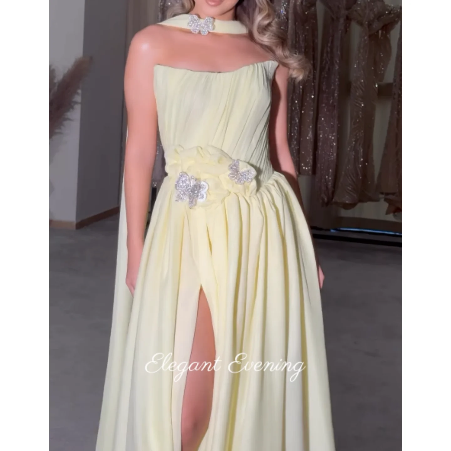 

Желтое плиссированное шифоновое платье для выпускного вечера, Саудовская Аравия, вечернее платье русалки длиной до пола, вечернее свадебное платье с разрезом по бокам