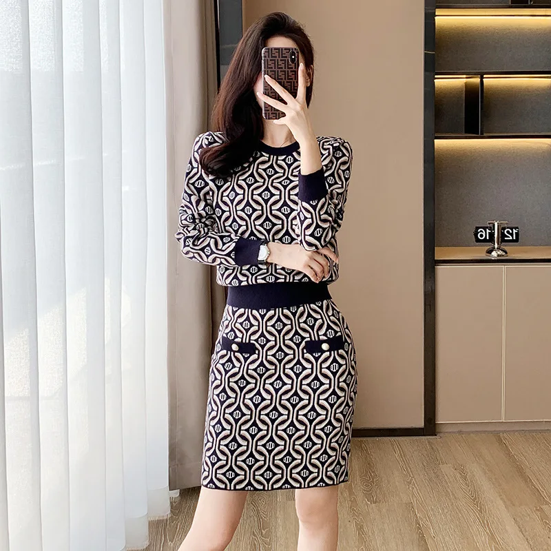 #0939 Autumn Winter Knitted A-line Skirt Two Piece Sets Vintage Pullover Sweater And Skirts Women Korean Style Stretch Knitwear