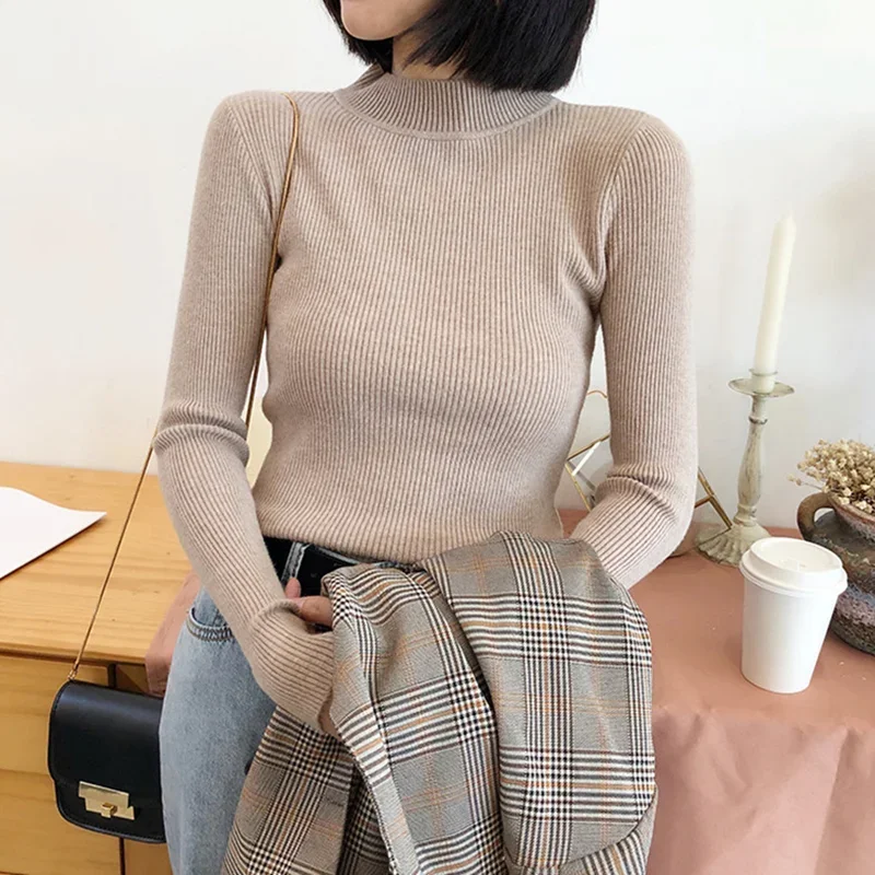 

Women Sweater Vintage Basic Solid Knitted Tops Casual Slim Pullover Korean Sweaters Simple Jumper Autumn Winter Mock Neck