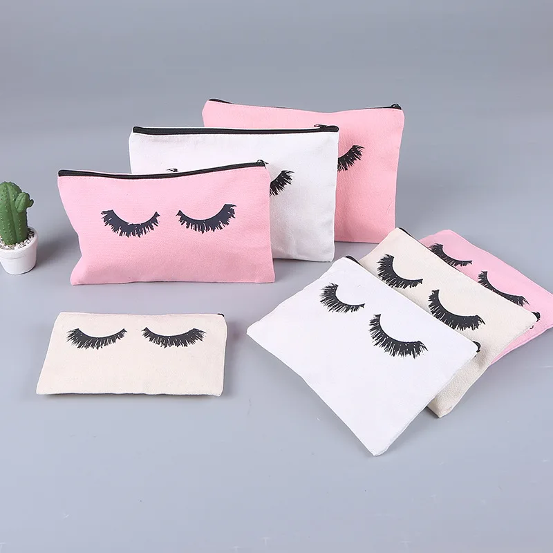 100Pcs/Lot Beige Pink Eyelash Cosmetic Bag Canvas Stationery Bag Travel Cosmetic Bag Zipper Cosmetic Bags for Ladies and Girls