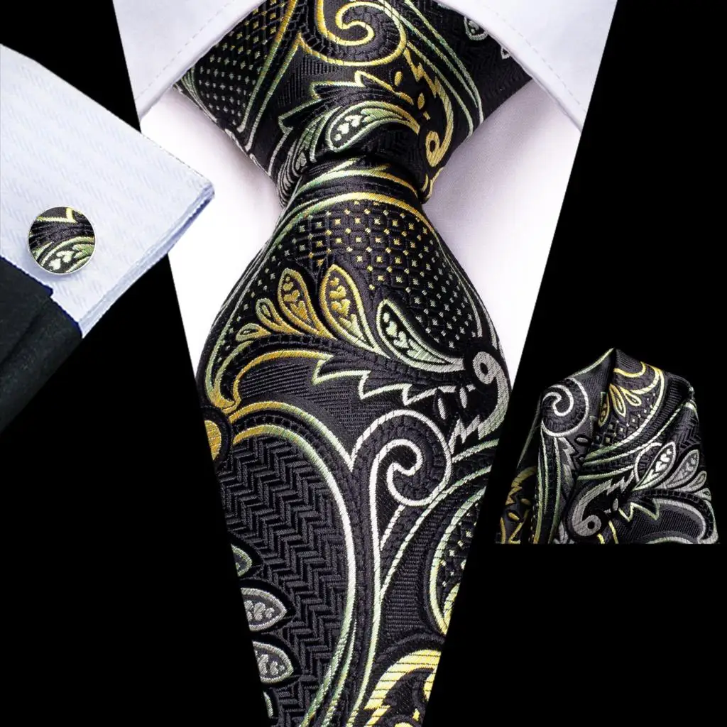 Paisley Black Silver Silk Wedding Tie For Men Handky Cufflink Gift Men Necktie Fashion Business Party Dropship Hi-Tie Designer