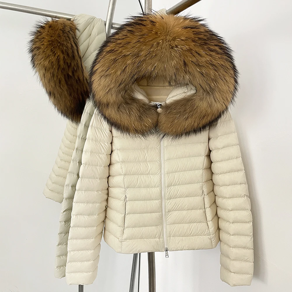 OFTBUY  Fluffy Jacket Women Real Fur Jacket Hooded Slim Real Fox Fur Collar2025 New Winter Short Female White Duck Down Coat