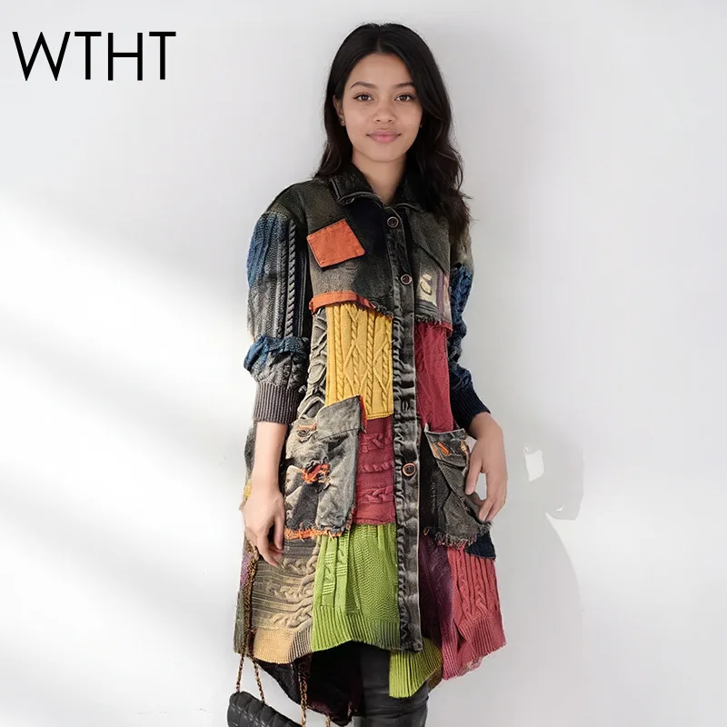 

WTHT Fashion Women Patchwork Contrast Color Knit Denim Long Jacket 2025 Autumn Trendy Lapel Single Breasted Coat Female 1LS2266