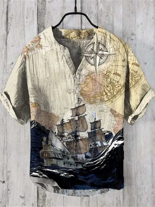 Hawaii retro art pattern printed men's 2024 new short sleeved linen button up shirt European and American popular top