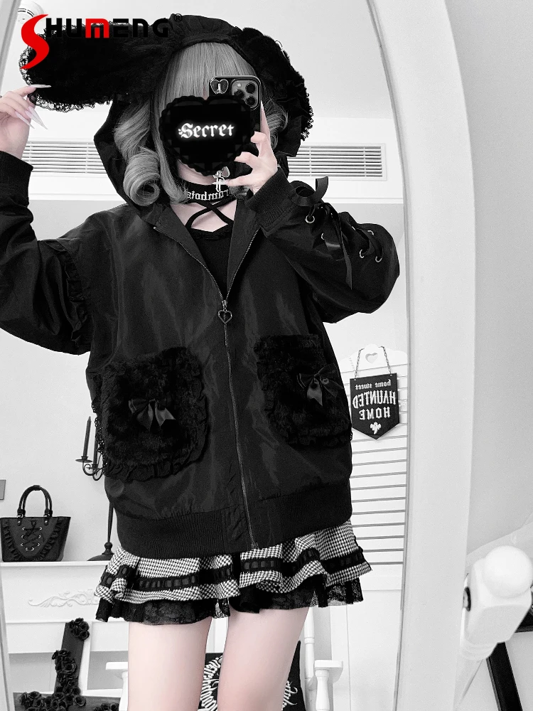 

Original Japanese Mass-Produced Y2K Rabbit Ears Hooded Jacket Autumn New Girls' Loose Slimming Black White Jacket Kawaii Coat