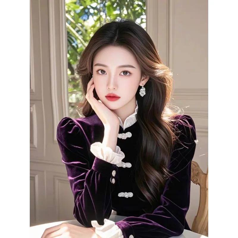 New Chinese Style Purple Stand Collar Velvet Top Women's 2025 Autumn Stand Collar Bottoming Top