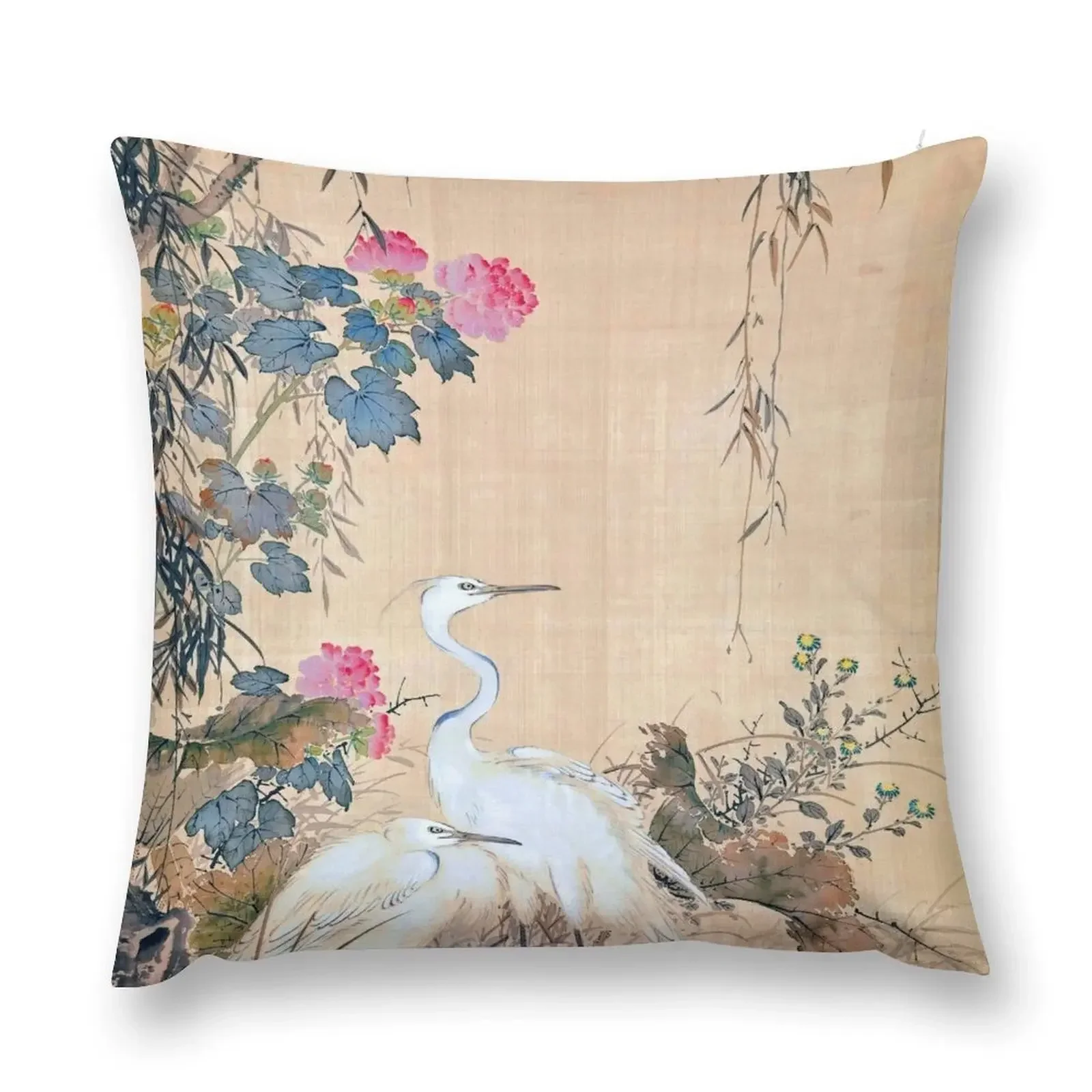 Egrets, Peonies, and Willows (Restored Japanese Artwork) Throw Pillow Pillow Cover Decorative pillow case