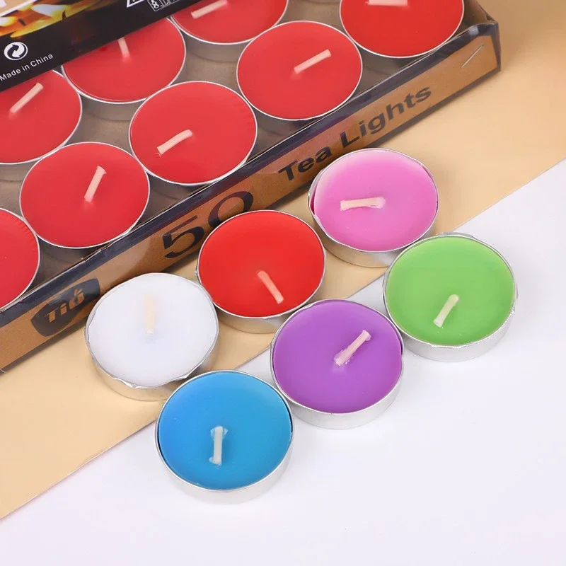 50pcs Round Heart Tea Lights Romantic Atmosphere Candles Anniversaries Wedding Party Hotel Decor Odorless Candles Wholesale