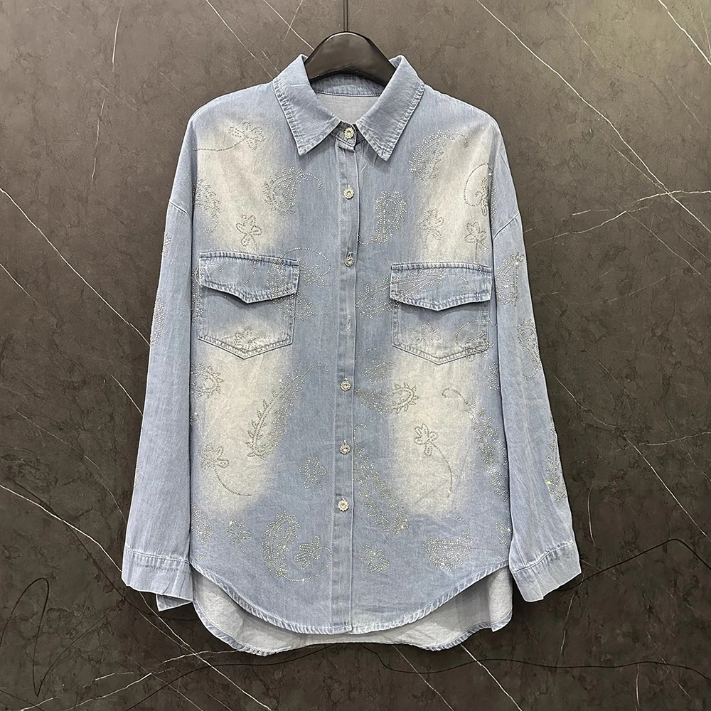 

Plus Size Shirt Denim High Quality Diamond Wash Spring Autumn New Casual Top Blue Fashion
