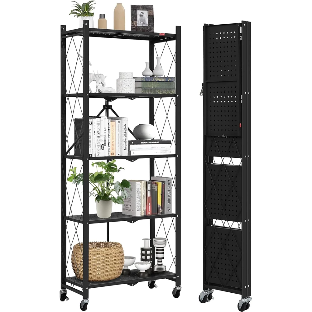 

5-Shelf Heavy Duty Collapsible Shelving Unit with Wheels No Assembly Storage Rack for Living Room Office Kitchen Basement Pantry