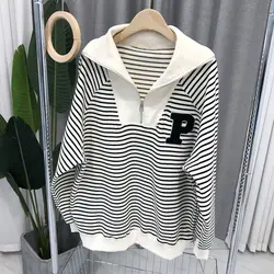 2023 Autumn Women's New Thin Fashion Mock Neck Sweater Korean Edition Zipper Panel Stripe Loose Relaxed Comfort Letter Top