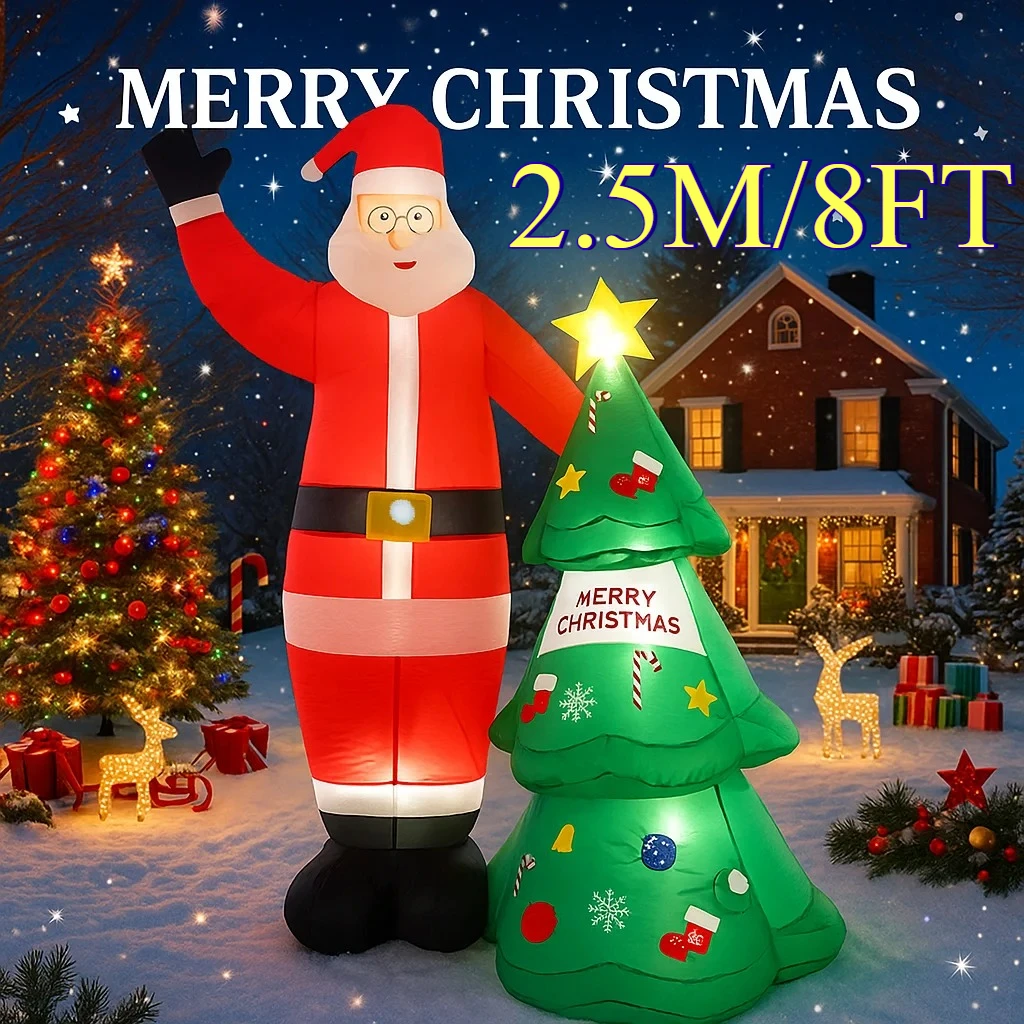 

2.5M/8FT Santa Claus Christmas Tree Yard Decorations Home Inflatable Toys with LED Lights Yard Xmas Ornaments Decor Supplies