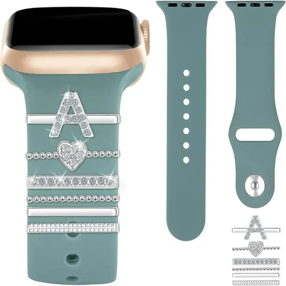 A-Z carta prata relógio banda ornamento pulseira de silicone decoração anel jóias acessório para apple relógio banda pulseira encantos