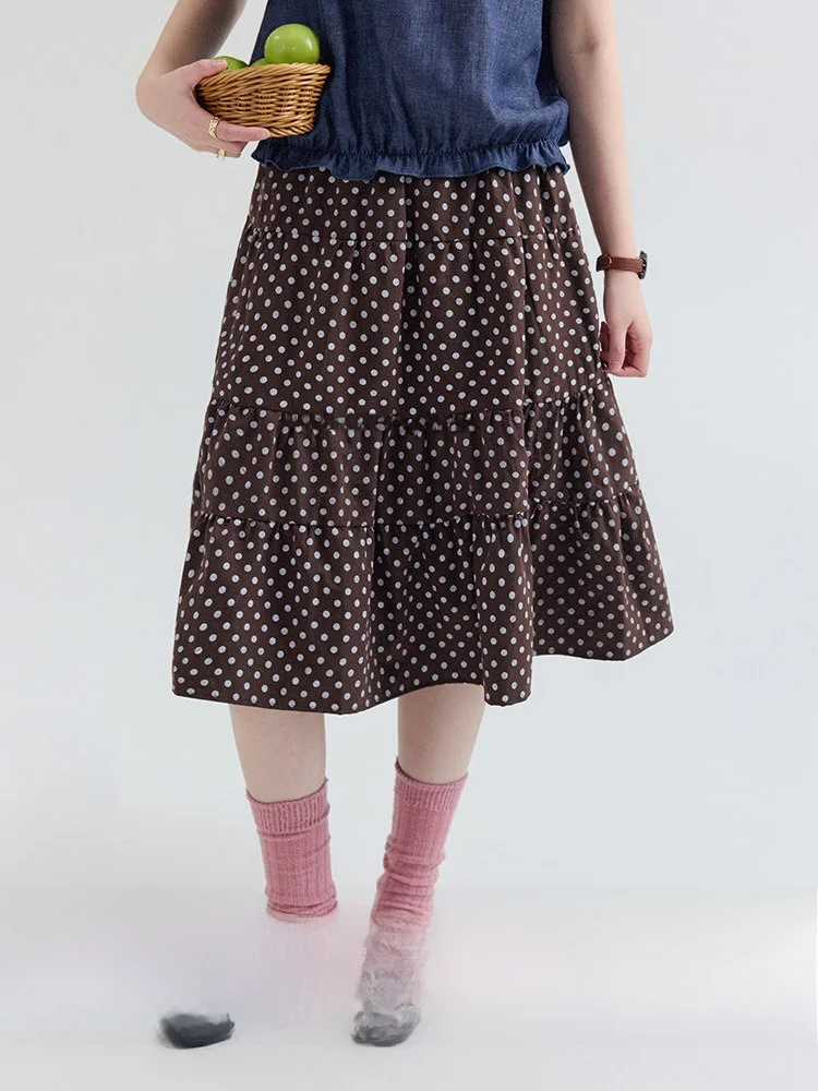

AMUU High Waist A-Line Midi Skirt Women's Summer New Polka Dot Half-length Skirts Korean Style Commute Polyester Fabric