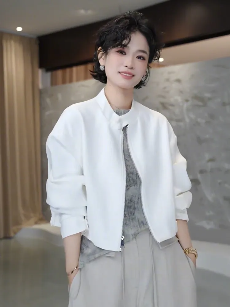 

Modern Minimalist White Stand Collar Short Jacket Women's Loose Slimming Design Zipper Jacket Spring New Style Casual Wear